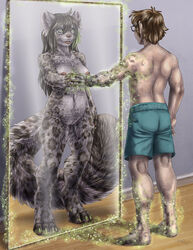 black_hair breasts brown_hair clothed clothing digitigrade duo eyewear feline female fur glasses green_eyes grey_fur hair half-dressed human leopard male mammal mirror nude pussy sabretoothed_ermine snow_leopard topless transformation