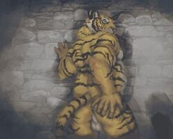 1boy 2015 anthro anus ass backsack balls chubby eyrich feline fur horn hybrid looking_at_viewer looking_back male male_only mammal nude perineum presenting presenting_hindquarters solo stripes tiger whiskers yellow_fur