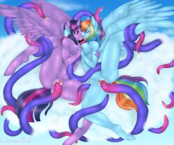 2015 alicorn anthro anthrofied big_breasts breasts cheezayballz cloud cloudscape cum cum_in_pussy cum_inside cum_on_face duo equine eye_contact female french_kiss friendship_is_magic hair hand_holding hooves horn kissing long_hair mammal multicolored_hair my_little_pony on_cloud outside pegasus penetration purple_eyes pussy rainbow_dash_(mlp) rainbow_hair restrained sky spread_legs spreading straight_hair tentacle tongue twilight_sparkle_(mlp) vaginal_penetration wings yuri