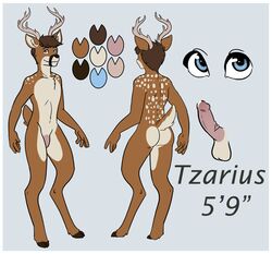 anthro antlers blue_eyes brown_fur cervine cum deer erection ethriol fur horn male mammal model_sheet penis standing tzarious