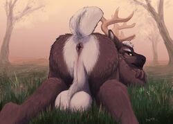 1boy 2015 absurd_res all_fours antlers anus ass backsack balls big_balls cervine hi_res horn looking_back male male_only mammal nude perineum presenting presenting_hindquarters rear_view reindeer snowfoxatheart solo