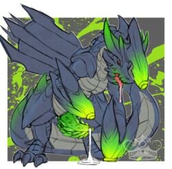 2015 blue_scales brachydios brute_wyvern capcom cum drooling erection feral glowing green_scales horn male male_only monster_hunter open_mouth penis pinup plain_background pose red_eyes saliva scalie solo tongue tongue_out video_games whimsydreams