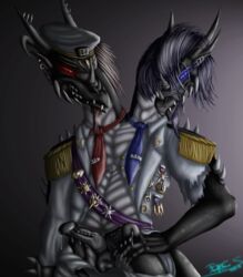 anthro brothers clothed clothing dictator diphallia diphallism doubled dress duct_tape erection fatchaos hair hydra leaking looking_at_viewer male multi_genitalia multi_head multi_penis necktie penis precum scalie sibling smile teeth