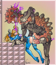 1girls ass blonde_hair blue_eyes clothed_sex clothing color duo female from_behind green_background huge_cock long_hair male metroid monster mother_brain nintendo noctualis open_mouth penetration penis pink_background pussy rape samus_aran sex spread_legs straight striped_background super_metroid torn_clothes uncensored vaginal_penetration video_games wide_eyed