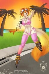 2015 anthro bikini bra claws erect_nipples eyewear feline female female_only furry glasses headphones legwear llmixll mammal nipples panties popcornpanic pussy roller_skates sea see-through signature solo stockings swimsuit tree underwear water yellow_eyes