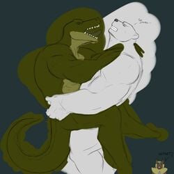 anthro anubis-kruger bear crocodile duo english_text furry furry_only league_of_legends male mammal multiple_males nasus nude open_mouth renekton reptile riot_games scalie sex teeth text tongue tongue_out video_games volibear yaoi