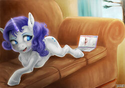 blue_eyes blush clitoris computer crotchboobs cutie_mark equine female feral friendship_is_magic fur hair horn inside jader laptop looking_back lying mammal my_little_pony nude on_front open_mouth purple_hair pussy rarity_(mlp) shiny signature sofa solo spread_pussy spreading unicorn white_fur