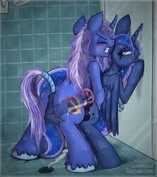 alicorn animal_genitalia animal_penis anus backsack balls balls_deep blue_fur blue_hair blue_penis clenched_teeth closed_eyes cum cum_in_pussy cum_in_uterus cum_inside cum_leaking cum_on_ground cum_on_penis cutie_mark duo equine equine_penis erection female friendship_is_magic from_behind fur hair half-closed_eyes horn horsecock indoors internal jcoshooves looking_back male mammal my_little_pony necklace open_mouth orgasm original_character penetration penis princess_luna_(mlp) pussy sex shower straight teeth tongue two_tone_hair unicorn vaginal_penetration vein wet wings