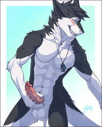 1boy 2015 abs anthro barbs blush cyan_eyes dog_tags feralise grin male male_only muscles pecs penis sergal solo