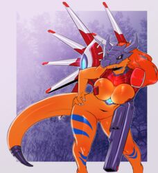 avante92 breasts digimon female genderswap pussy risegreymon rizegreymon solo weapon