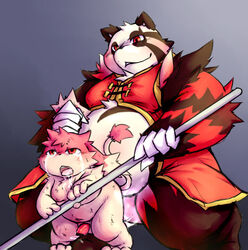 anal anal_sex balls blush censored chinese_clothing chiro_(artist) chubby cum drooling duo fanfan male mammal overweight penetration penis polearm red_panda saliva smirk staff tail_grab unknown_character weapon yaoi