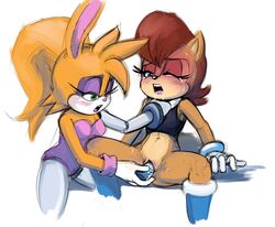 2015 amputee anthro archie_comics asphyxiation blush bunnie_rabbot chipmunk clothing cyberlimb cybernetics dildo drooling duo female lagomorph mammal pussy rabbit rodent saliva sally_acorn saltcore sex sex_toy sonic_(series) strangling tears triple_amputee yuri