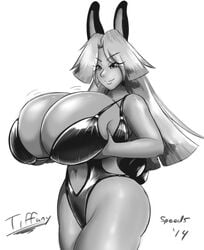 animal_ears big_breasts bikini black_and_white breasts clothing female happy huge_breasts lagomorph mammal monochrome rabbit rabbit_ears rabbitgirl smile solo speeds swimsuit tiffany