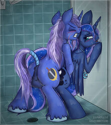 alicorn anus backsack balls blue_fur blue_hair clenched_teeth closed_eyes cutie_mark duo equine fan_character female friendship_is_magic from_behind fur hair half-closed_eyes horn inside jcoshooves looking_back male mammal my_little_pony necklace open_mouth princess_luna_(mlp) sex shower straight tail_wrap teeth tongue two_tone_hair unicorn wet wings