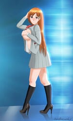 bleach blush breasts brown_eyes female hair_ornament hairclip high_heels highres inoue_orihime katzueki large_breasts long_hair looking_at_viewer orange_hair school_uniform shirt_lift sideboob skirt smile socks solo standing