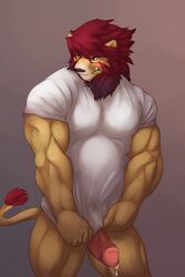 absurd_res blush bottomless clothed clothing embarrassed eyewear feline glasses green_eyes hair half-dressed hi_res istani lion male male_only mammal muscles neck_fluff penis precum red_hair shirt solo