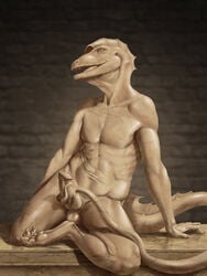 1boy anthro balls claws knot lizard male male_only marble nomax open_mouth penis presenting reptile scalie sculpture solo statue teeth tongue