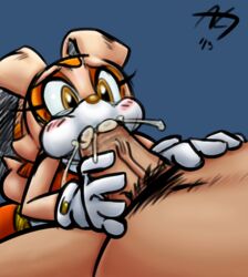 1boy 1girls anthro cream_the_rabbit cum cum_in_mouth fellatio furry human human_on_anthro male_human/female_anthro male_on_anthro oral partial_male penis pubes pubic_hair saltcore sonic_(series)