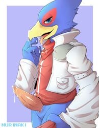 2015 after_masturbation animal_genitalia anthro avian bandana beak bird blue_feathers blush clothing cum cum_on_face cum_on_hand cum_on_penis cum_taste erection falco_lombardi genital_slit half-closed_eyes jacket looking_at_viewer male male_only naughty_face nintendo nurinaki pants pants_down penis pheasant slit solo star_fox tapering_penis tongue tongue_out video_games