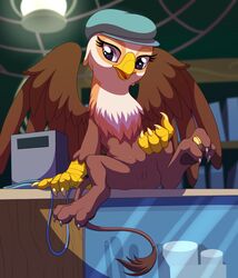 2015 avian beak brown_fur cash_register coin female friendship_is_magic fur glass gryphon hat hi_res inside my_little_pony paws pussy sitting solo spread_legs spreading stoic5 teats wings