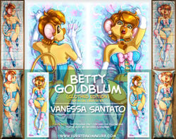 advertisement annoying_watermark anthro ass betty_goldblum big_breasts breasts brown_hair cleavage clothed clothing dakimakura ear_piercing english_text female fur hair looking_at_viewer lying mammal mouse piercing pleasure_bon_bon prostitution rodent solo text vanessa_santato watermark