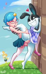 1boy 2girls animal_crossing anthro balloon balls blue_hair blue_skirt canine checked_shirt clitoris closed_eyes clothed clothing crossdressing dog dotty_(animal_crossing) eyewear female femboy femboy_on_female furry gift girly glasses grass green_skirt green_top hair hair_ornament heart hetero human interspecies isabelle_(animal_crossing) lagomorph male male/female mammal mary_janes nintendo one_eye_closed open_mouth outside penetration penis pink_glasses pink_ribbon pink_shoes pink_thighhighs pleated_skirt present pussy rabbit ribbon sex shih_tzu shirt shoes short_hair skirt sky star straight striped_top thighhighs top torrentialkake trap vaginal_penetration