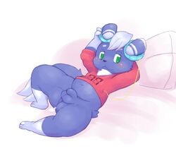 2015 anthro balls clothing cum cum_in_ass cum_inside flaccid green_eyes humanoid_penis lambent looking_at_viewer male male_only meowstic midriff navel nintendo penis pokemon solo uncut