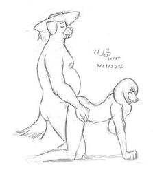 all_fours athos canine canine chubby closed_eyes doggy_style dogtanian_and_the_three_muskehounds duo female from_behind hat male mammal muscles nude pecs sex sketch tongue wolfsecret_(artist)