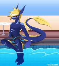 1boy anthro aquatic_dragon blush clothing dragon fin ladon male male_only markings penis pool scalie shorts solo tail_fin warden006