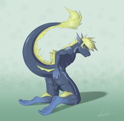 1boy anthro ass balls dragon dreiker fin knot ladon male male_only markings penis solo tail_fin