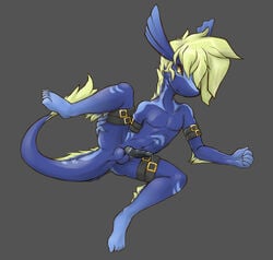 1boy anthro anus armband asdfjkl03 ass balls black_sclera blonde_hair blue_body blue_scales dragon erection fin fur hair inviting knot ladon leg_grab legband looking_at_viewer lying male male_only markings on_side penis precum presenting presenting_hindquarters raised_leg scalie seductive slit_pupils smile solo tail_tuft tuft yellow_eyes yellow_fur