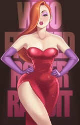 armpits blue_eyes cleavage clothes disney dress earrings elbow_gloves eyeshadow female gloves hair_over_one_eye hands_on_hip jessica_rabbit maou_alba narrow_waist orange_hair solo standing who_framed_roger_rabbit wide_hips