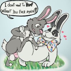 anthro balls bow_tie dialogue english_text fur grey_fur guil_bunny lagomorph male mammal penis rabbit sex text white_balls yaoi