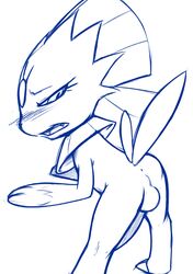 1boy anus balls blush erection looking_back male male_only monochrome nintendo penis plain_background pokemon solo superserperior video_games weavile white_background