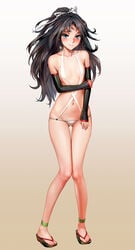 as109 bikini black_hair blue_eyes blush female hair_ribbon kantai_collection katsuragi_(kantai_collection) long_hair navel open_toe_shoes ribbon sleeves small_breasts solo standing tears thigh_gap