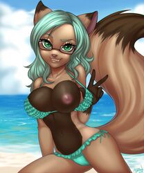 2014 animal_ears animal_tail anthro aqua_hair beach bikini biting_lip breasts brown_fur cameltoe cat_ears cat_tail catgirl clothing cloud fatima_(hfl) feline female furry furry_only glasses green_eyes green_hair hair looking_at_viewer mammal navel nipples outside pollo-chan sea seaside sky smile solo swimsuit thong underwear water