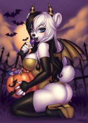 anthro ass bear black_tongue candy clothing elbow_gloves female gloves halloween high_heels holidays horn kneeling legwear licking lollipop looking_at_viewer mammal pinup polar_bear pollo-chan pose pumpkin rubber shayde_(artist) solo thigh_highs tongue tongue_out wings