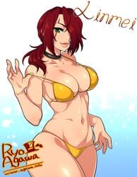 bikini breasts brown_hair choker cleavage female green_eyes hair_over_one_eye large_breasts linmei navel original_character ponytail ryo_agawa scar solo standing tied_hair wide_hips