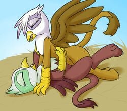 2015 avian beak closed_eyes duo fearingfun female feral friendship_is_magic gilda_(mlp) greta_(mlp) gryphon hi_res lying my_little_pony on_back open_mouth paws sex thrusting yuri