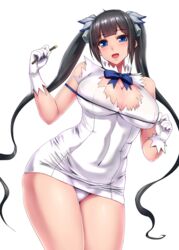 1girls blue_eyes dress dungeon_ni_deai_wo_motomeru_no_wa_machigatteiru_darou_ka female female_only hestia_(danmachi) huge_breasts ishimiso_(ishimura) microdress minidress solo tied_hair twintails