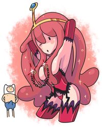 adventure_time blush breasts elbow_gloves erection finn_the_human gashi-gashi looking_at_viewer mob_face nekomate14_edited panties pink_hair pink_skin princess_bubblegum shoes shorts stockings