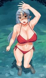 barefoot bikini blue_hair blush breasts cleavage elf feet female large_breasts long_hair navel obmas_(pfeito) open_mouth partially_submerged pointy_ears side-tie_bikini solo standing wet