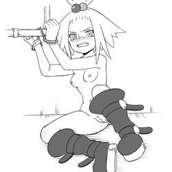 2015 angry boots bound female femsub gooberman gym_leader handcuffs human monochrome nude pokemon pokemon_bw pussy roxie_(pokemon)