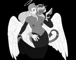 angel_wings black_and_white black_gloves black_pants blue_diamond_(steven_universe) breasts cartoon_network closed_eyes couple demon_girl demon_horns demon_tail diamond_authority female female/female female_only gem_(species) hand_on_hand hand_on_thigh licking_neck long_hair nipples nude_female pubic_hair ruthion69 short_hair smiling steven_universe topless yellow_diamond_(steven_universe) yuri