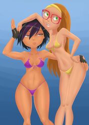 2girls ass_grab big_hero_6 bikini black_hair bra brown_eyes brown_hair cleavage disney erect_nipples female female_only fingerless_gloves fluffy_(artist) glasses gloves gogo_tomago green_eyes hand_on_hip highlights honey_lemon hourglass_figure long_hair marvel midriff multiple_females png short_hair size_difference standing trippy