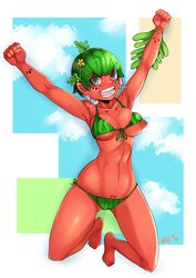 2016 absurdres barefoot bikini blue_eyes breasts female freckles front-tie_bikini green_hair highres looking_at_viewer navel nerdbayne nipple_slip nipples one_breast_out open_mouth original pink_skin plant_girl pointy_ears short_hair side-tie_bikini smile solo swimsuit watermelon_bikini watermelon_bra watermelon_panties watermelon_print wide_hips