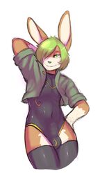 2014 anthro bedroom_eyes brown_fur bulge clothing front_view fur girly green_eyes green_hair hair hair_over_eye half-closed_eyes hand_behind_head hand_on_hip jacket lagomorph legwear leotard looking_at_viewer lotte_(munks) male mammal rabbit shamelessenemy smile solo thigh_highs tight_clothing vpl white_fur