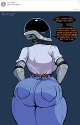 ass big_ass blush breasts chubby_female clothing dialog expressionless faceless_female imadeej jeans looking_back mask mom_jeans pants robot rubber speech_bubble thick_thighs tight_jeans tight_pants wide_hips zeta_(imadeej)