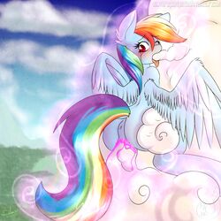 anus blue_fur blush cloud equine female friendship_is_magic fur furry furry_only hair horse looking_back mammal multicolored_hair my_little_pony one_eye_closed open_mouth oral outside penetration pony rainbow_dash_(mlp) rainbow_hair silverfox057 solo straight_hair tongue tongue_out vaginal_penetration wings