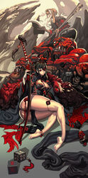 1girls anklet ass barefoot black_hair cleavage eye_patch feet female jeffr katana monster panties red_eyes sitting skindentation soles sword weapon wraps